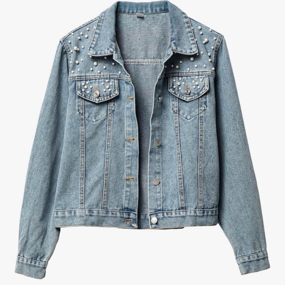 Light Wash Denim Jacket with Pearl Studs